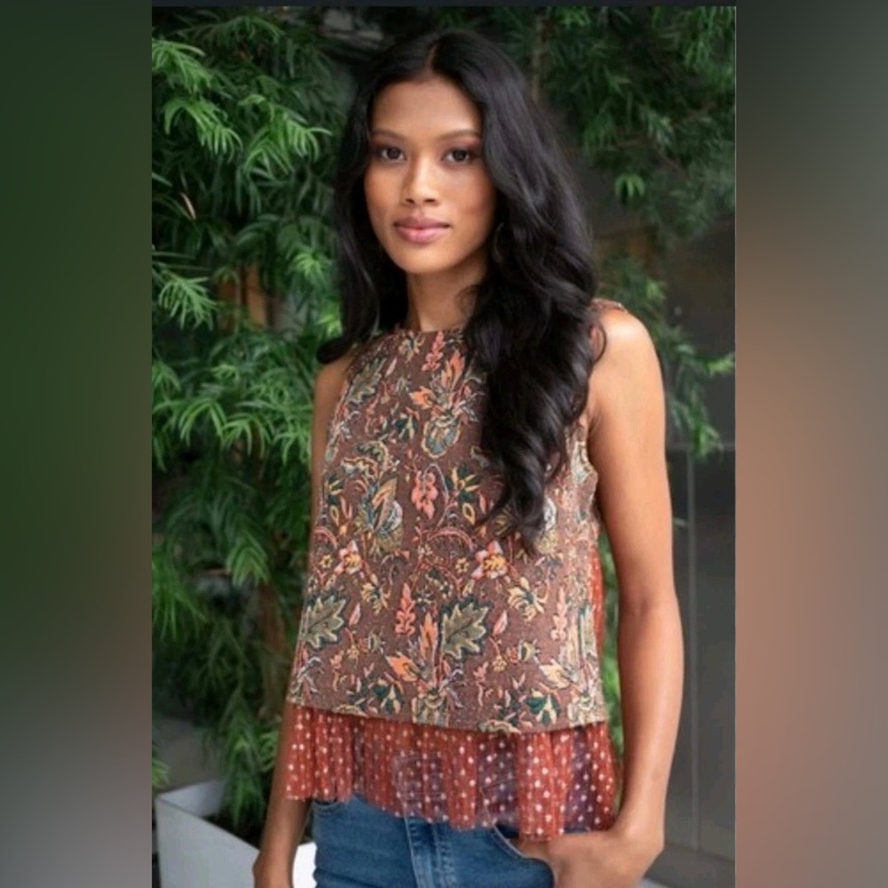 Eva Franco Jacquard Sleeveless Boho Floral Layered Lace Top Sz M
